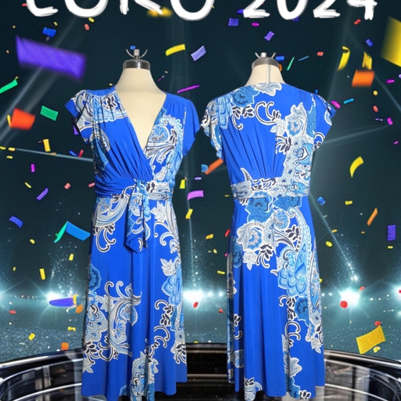 Evan Picone Blue Print Flare Dress Size 10 - Picture 10 of 16